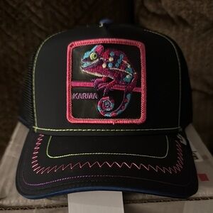 Black Trucker Hat with Colorful Chameleon Patch
